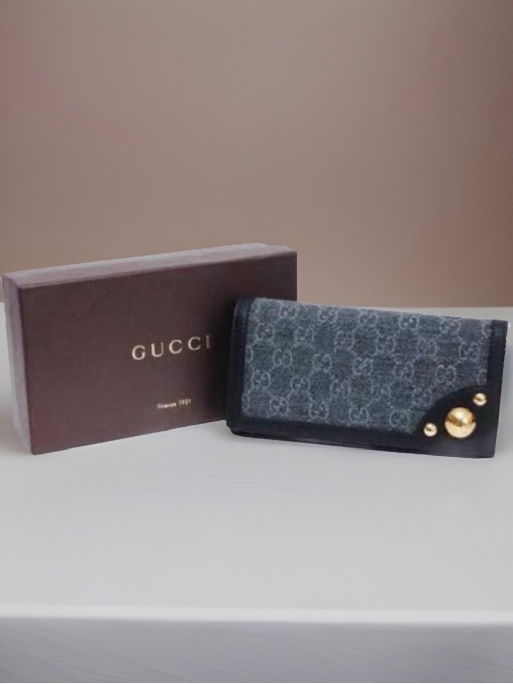 GUCCI Dark Denim Gold GG Emblem Wallet